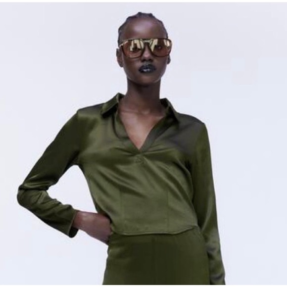 Zara EUC Satin Effect Polo Top Blouse Shirt Cropped Size S Green Button Down - Picture 1 of 6